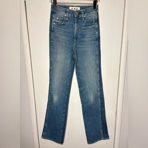 NEW AMO Willa High Rise Slim Flare Contrast Wash Denim Women’s 25 Luxury Amour